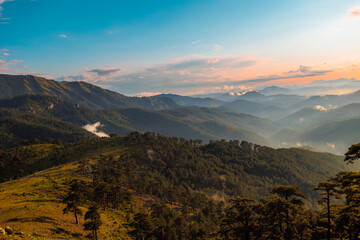 Obraz premium Beautiful forest and mountains at sunset, picturesque nature, travel to Turkey