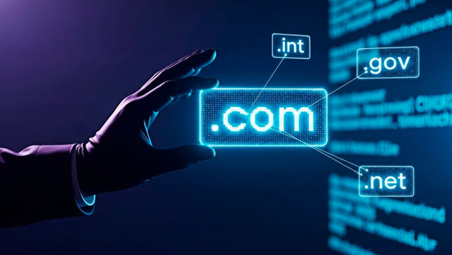 A hand holding the .com domain representing internet connection.