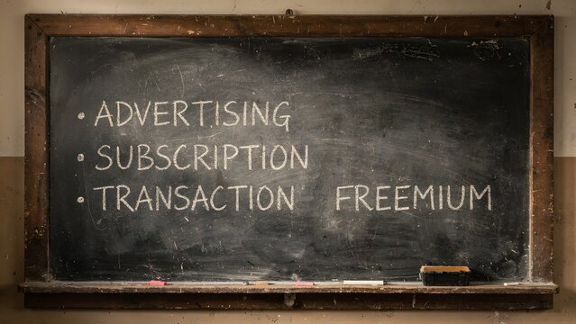 Chalkboard with business models: advertising, subscription, freemium, transaction
