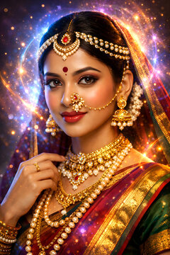 Beautiful Maharashtrian woman in traditional gold jewelry with a magical glowing aura around her.