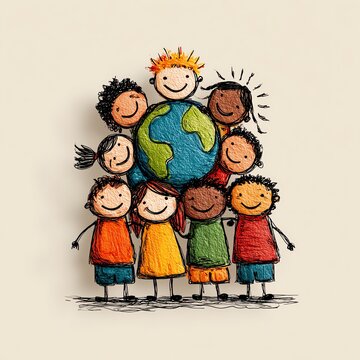 Cute doodle illustration of a multicultural group holding up a colorful Earth