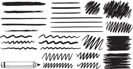 Naklejka premium Hand-drawn sketch brush strokes and lines in various thicknesses and styles. Great for design accents, underline effects, and artistic text highlights