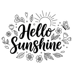 Fototapeta premium Spring hand-drawn lettering with flowers, leaves. Black and white doodle illustration with playful seasonal elements.