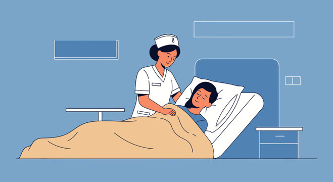 Nurse caring for patient in hospital bed, healthcare concept illustration