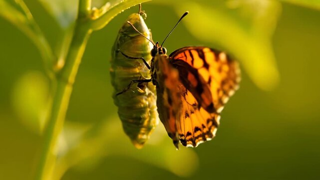 Close-up of a chrysalis hanging on a stem, ready to emerge