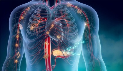 Fototapeta premium Human body shows blood circulation and organ function in detailed view of the chest and abdomen area