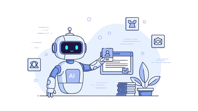 Friendly ai robot analyzing data and images in futuristic office setting