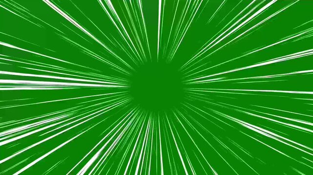 Manga speed lines zoom tunnel animation on green screen with smooth motion flow and radial burst effect, featuring comic velocity lines overlay for easy chroma key editing and action scenes in 4k
