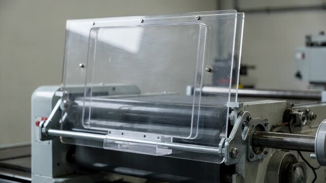 Medium shot capturing a hinged plastic safety shield attached to industrial machinery enabling easy access for maintenance while ensuring worker protection.