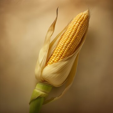 Golden corn cob with husk partially peeled highlighting agricultural harvest natural food production and organic vegetable concept.
