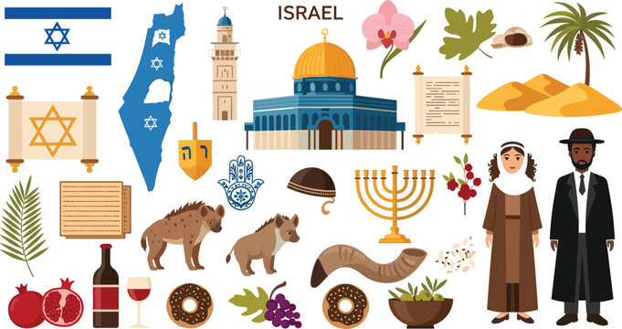 Israel Culture and Travel Vector Illustration with Landmarks, Flag, Traditional Food, Religious Symbols, Jerusalem Architecture and Jewish Heritage Collection