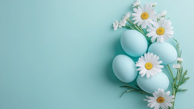 easter background with blue eggs and white flowers on a light turquoise backdrop, with space for copy, concept for a happy easter celebration design.