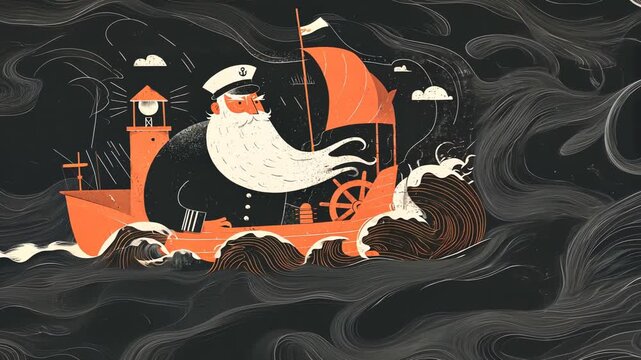 Captain's Maritime Adventure Illustration: A Whimsical Ship and Sailboat Journey Amid Stormy Waves and Clouds in Cartoon Style Vector Art