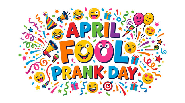 Vibrant april fool's prank day graphic with colorful emojis and confetti