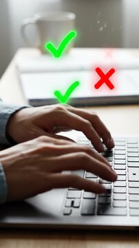 A person's hands typing on a keyboard with correct and incorrect symbols