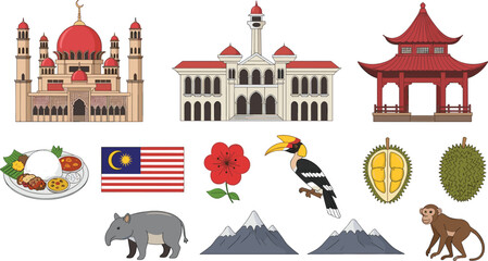 Malaysia Travel Culture Vector Illustration with Landmarks, Flag, Tropical Wildlife, Traditional Architecture, Food, Flowers and Southeast Asia Tourism Collection © MstMukta