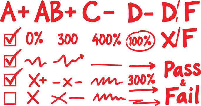 Hand-Drawn Academic Grading Set: Grades, Marks, and Feedback Icons