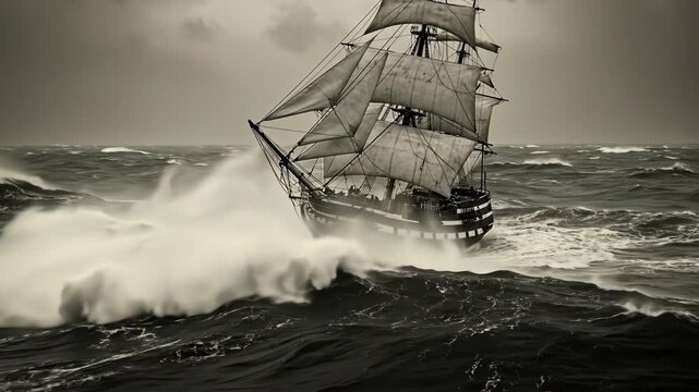 A vintage ship battles stormy seas with dramatic waves.