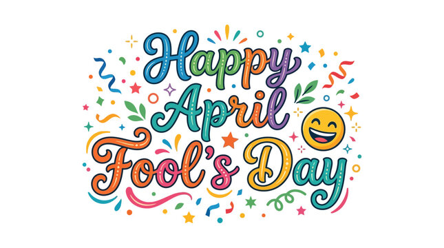 Vibrant happy april fools day greeting with colorful confetti and smiling emoji
