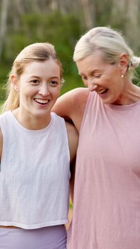 Mature mom, daughter and happy for fitness outdoor with running, walking and bonding. People, parent and smile on woods or forest for care, support and trust with love for health and wellness