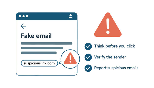 Phishing awareness training with fake email and warning signs illustration