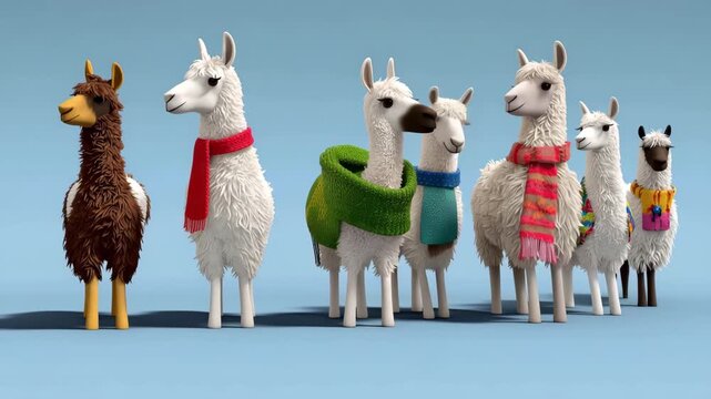 Colorful and playful llamas showcase unique outfits and accessories, each cute character adding charm and whimsy to cheerful scene against light blue background