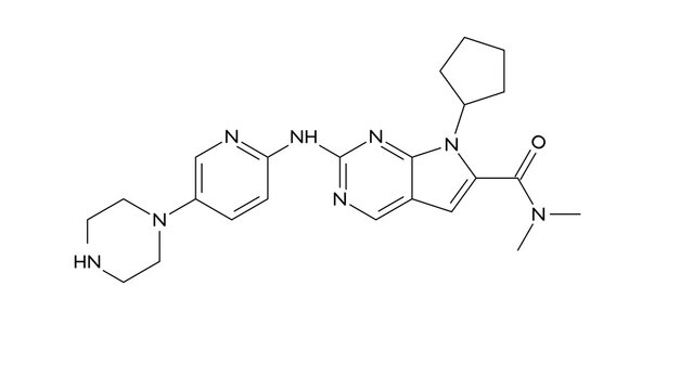 ribociclib molecule, structural chemical formula, ball-and-stick model, isolated image antineoplastic agent