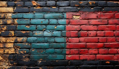 Fototapeta premium Distressed Brick Wall Painted with Black, Teal, and Red Sections image