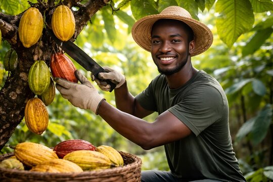 Smiling Man Harvesting Cocoa Pods on a Farm