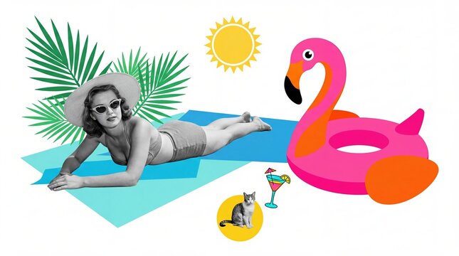 Retro collage of a vintage black and white woman in a swimsuit sunbathing on a turquoise mat with a large pink flamingo float, palm leaves, and a cocktail
