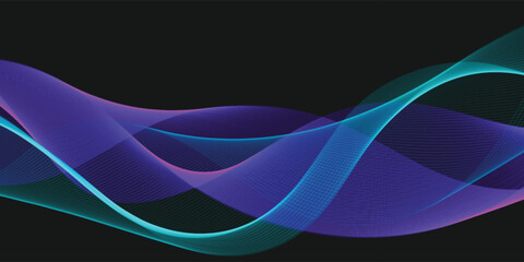 Naklejka premium Abstract background with mysterious radiant neon cyan and purple dynamic flowing linear waves on black.