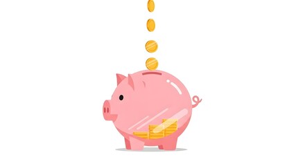 Fototapeta premium Pink piggy bank filling with golden coins representing savings and financial growth on white background.