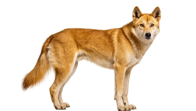 Majestic dingo, a golden-furred wild dog, standing calmly and looking directly at viewer