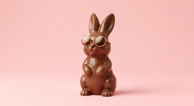 P&acirc;ques &agrave; la mode : un lapin en chocolat d&eacute;contract&eacute; et confiant avec des lunettes de soleil tendance, style &eacute;t&eacute; et vacances.