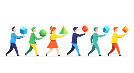 Fototapeta premium People passing colorful geometric shapes to each other in a line, representing teamwork and collaboration.