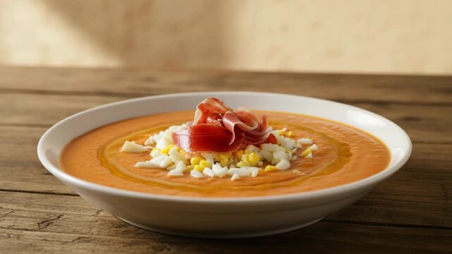 Traditional Spanish Salmorejo Cordob&eacute;s, a creamy cold tomato soup topped with serrano ham and hard-boiled eggs. Authentic Andalusian appetizer.