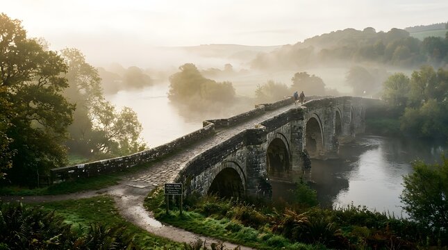 Old stone bridge crossing river in misty morning landscape with green trees and soft sunrise light effects