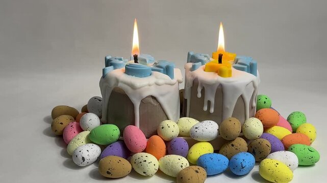 Decorative Easter cupcake candles with white frosting and pastel wax figurines among colorful Easter eggs