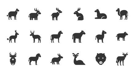 Fototapeta premium Collection of wild and domestic animal silhouettes, isolated white background.