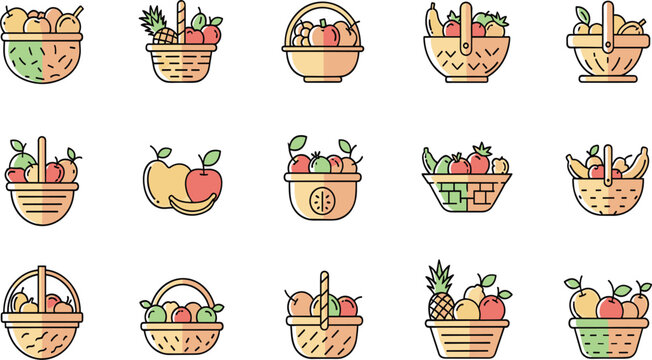 Fruit basket vector illustration set with assorted fresh produce, hand drawn market hamper collection, healthy food elements isolated on white background.