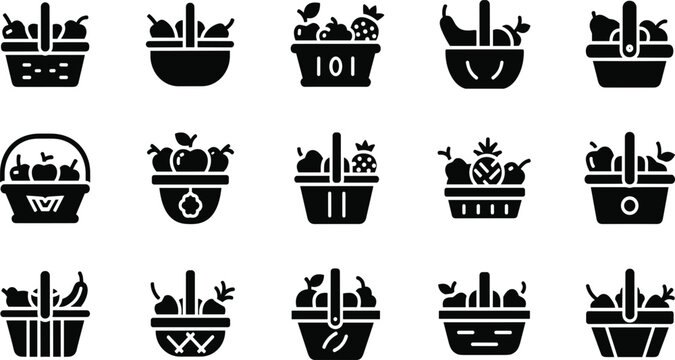 Fruit basket vector silhouette set with fresh produce containers, black food hamper collection for grocery and market design isolated on white background.