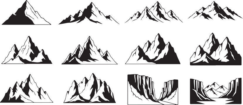 Collection of black and white mountain silhouettes in various styles. Collection of silhouette images isolated on transparent