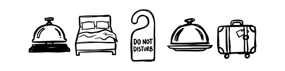 Set of five hand-drawn hotel icons: reception bell, double bed, do not disturb hanger, room service cloche, and suitcase. Minimalist black and white sketch for travel and hospitality themes. © Nort Kor