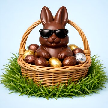 Composition festive et humoristique pour P&acirc;ques : lapin en chocolat 'cool' entour&eacute; d'&oelig;ufs dans un panier, concept de vacances et de plaisir