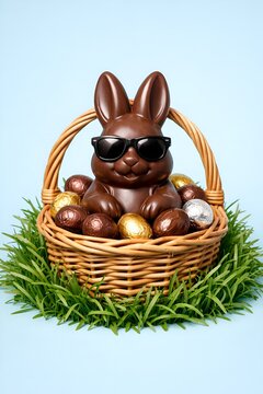 Composition festive et humoristique pour P&acirc;ques : lapin en chocolat 'cool' entour&eacute; d'&oelig;ufs dans un panier, concept de vacances et de plaisir