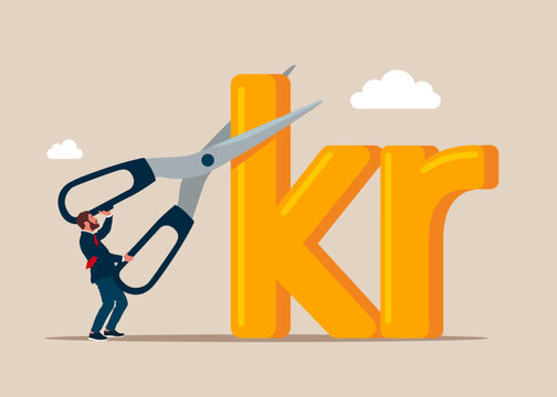 Businessman cutting scissors to cut Sweden currency Swedish krona. Cost reduction or cut price. Crisis. Flat vector illustration.