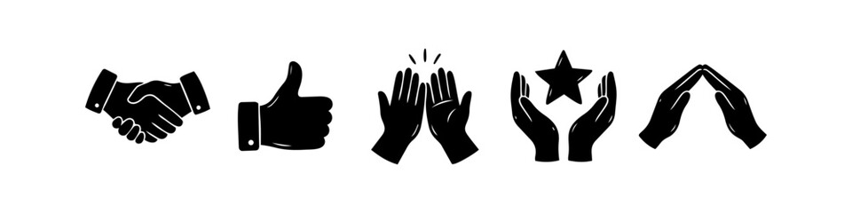 Obraz premium Set of black hand gesture icons representing business partnership, approval, celebration, achievement, and protection. Flat vector symbols for teamwork and success on white background.