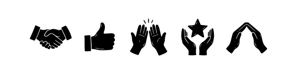 Fototapeta premium Set of black hand icons illustrating business concepts: handshake, thumbs up, clapping, holding a star, and protection. Vector symbols for partnership, success, and care on a white background.