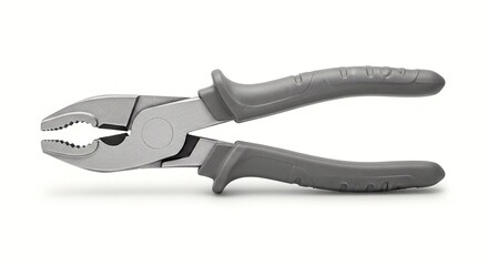 Obraz premium A pair of needle-nose pliers with gray rubber handles on a white background