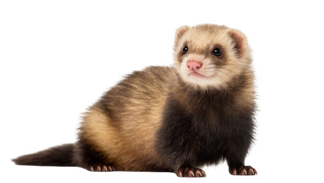 Charming domestic ferret with beautiful sable markings and curious expression, full length studio portrait
